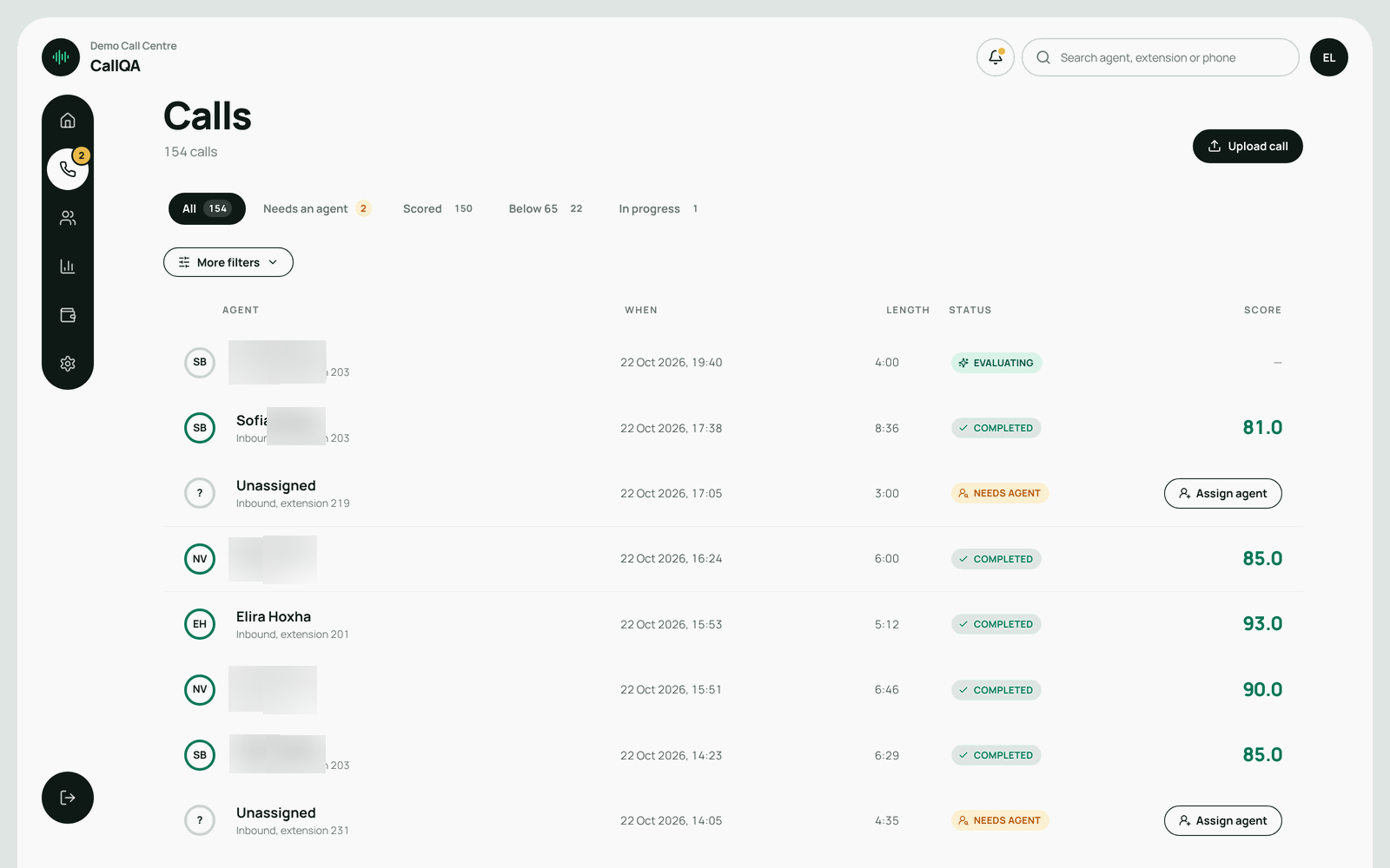 CallQA – Calls list with agent, time, length, status and score
