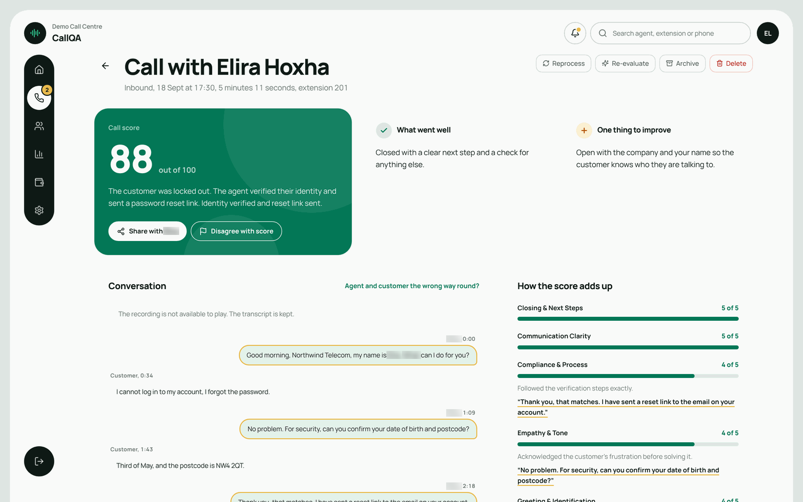 CallQA – Call review with the score, what went well and one thing to improve