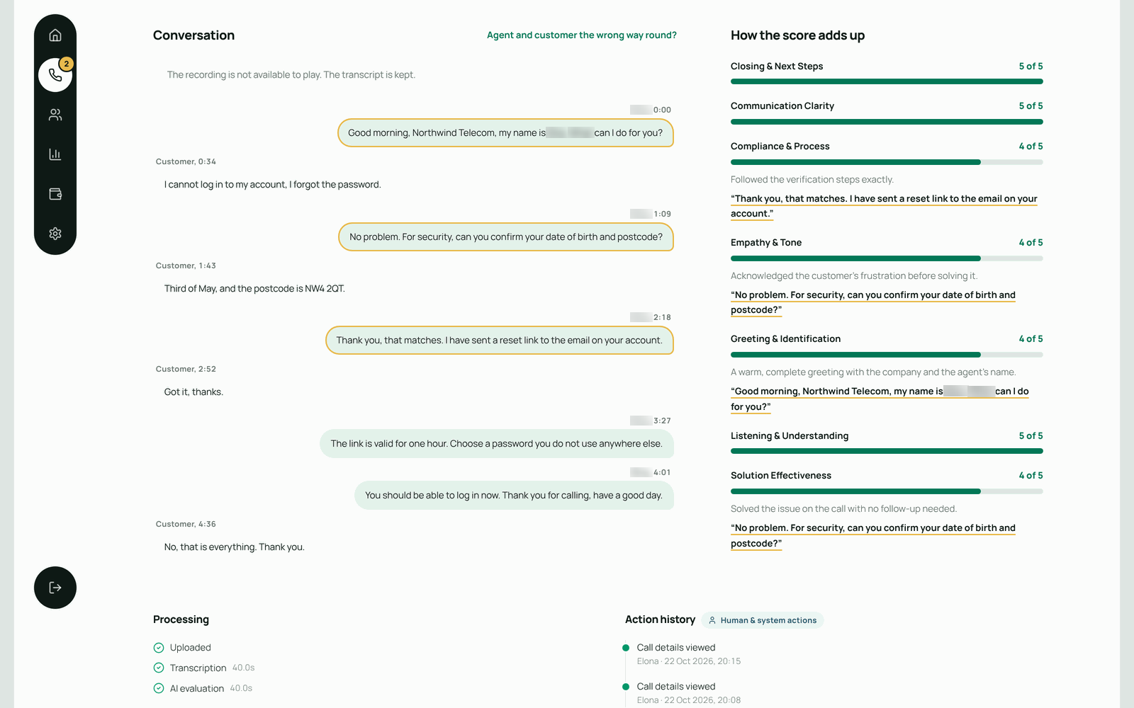 CallQA – Call transcript with agent and customer separated, and the score per criterion with quotes