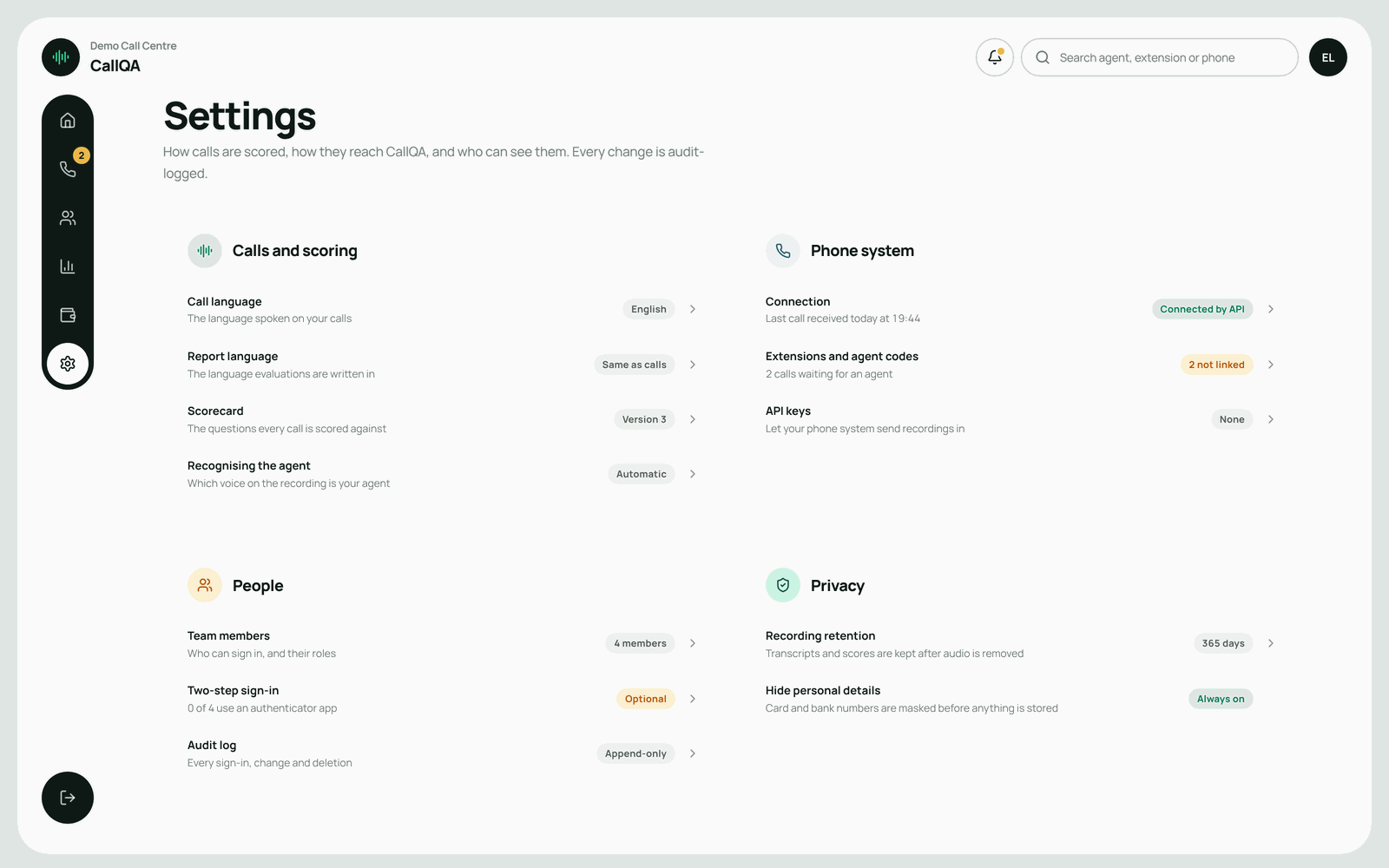 CallQA – Settings for scoring, phone system, people and privacy