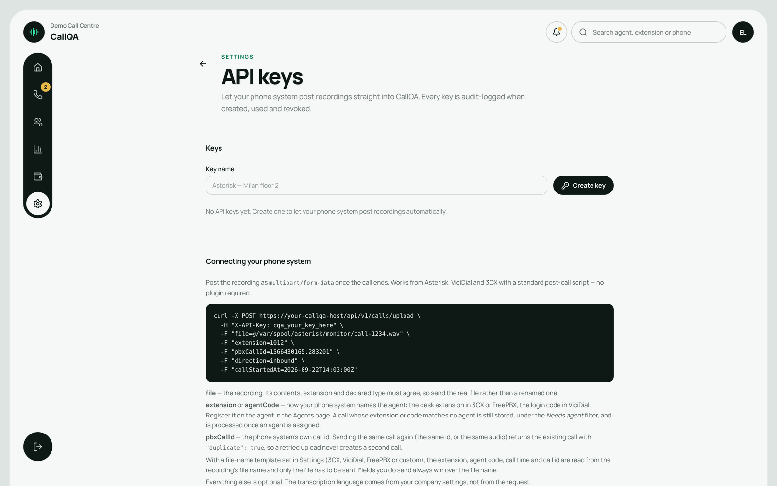 CallQA – API keys for the phone system to send recordings