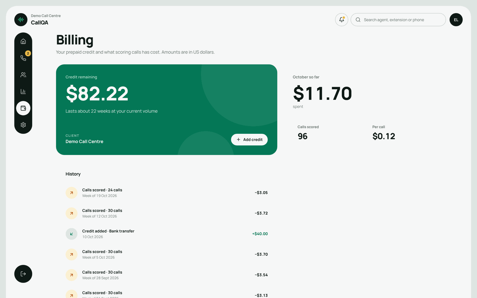 CallQA – Billing with prepaid credit, spend and history