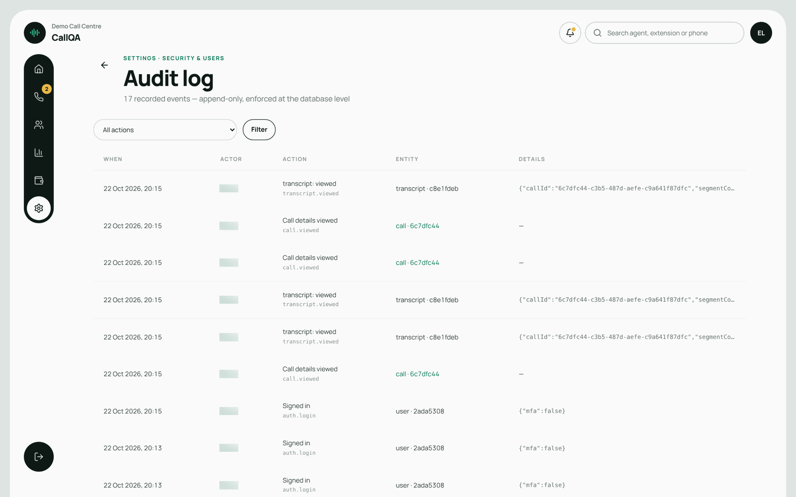 CallQA – Audit log of every sign-in, view and change
