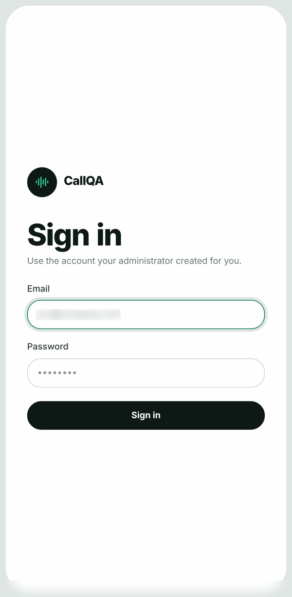 CallQA – Sign-in screen on a phone