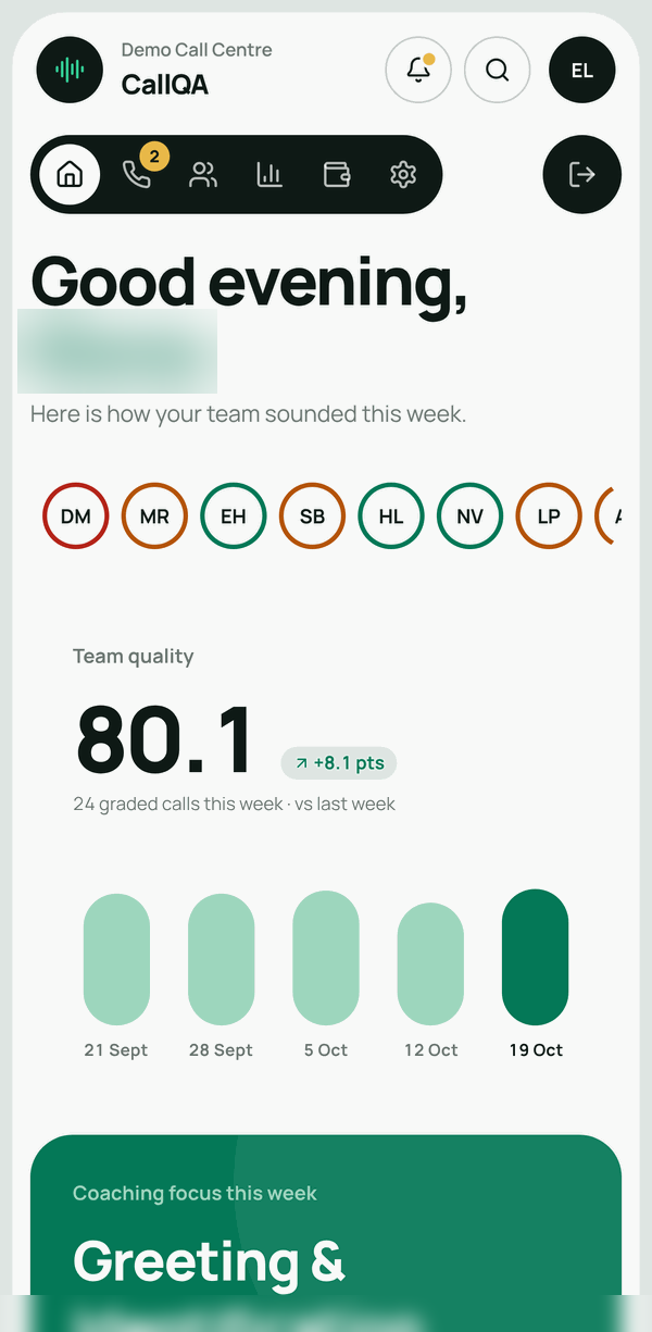 CallQA – Home dashboard on a phone