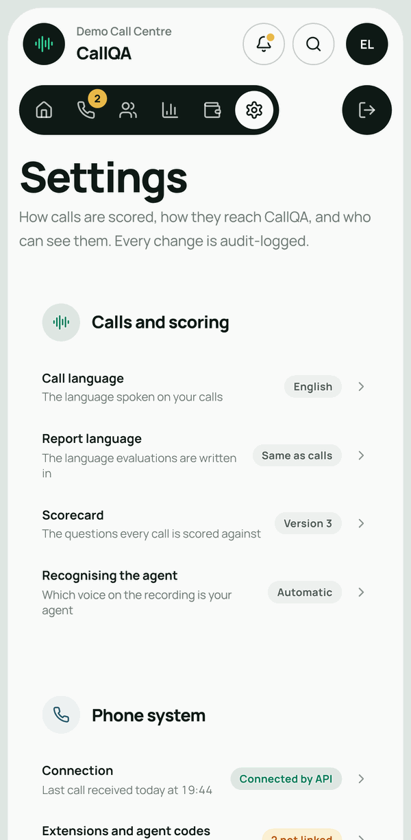 CallQA – Settings on a phone