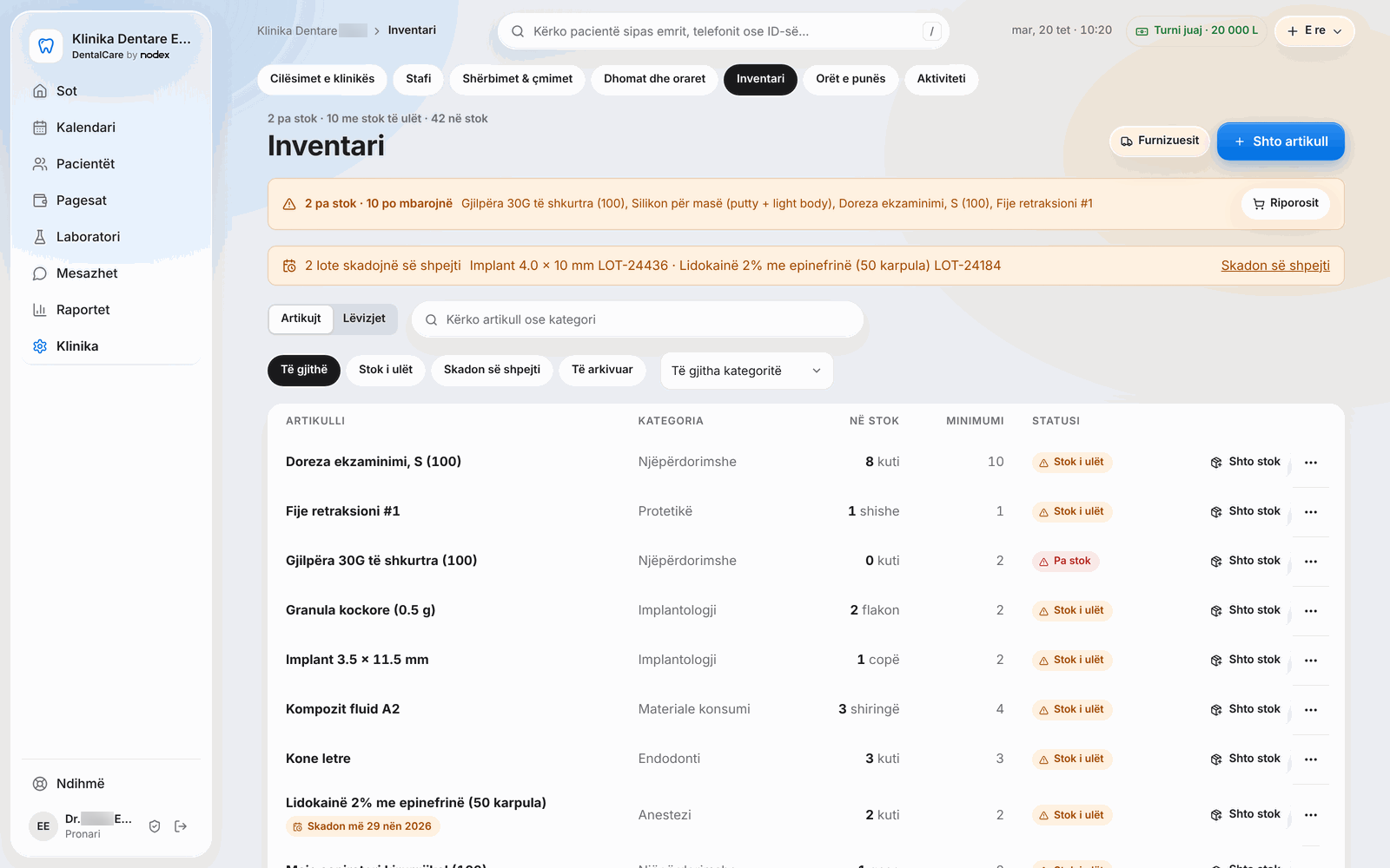 DentalCare – Inventory with stock levels and alerts