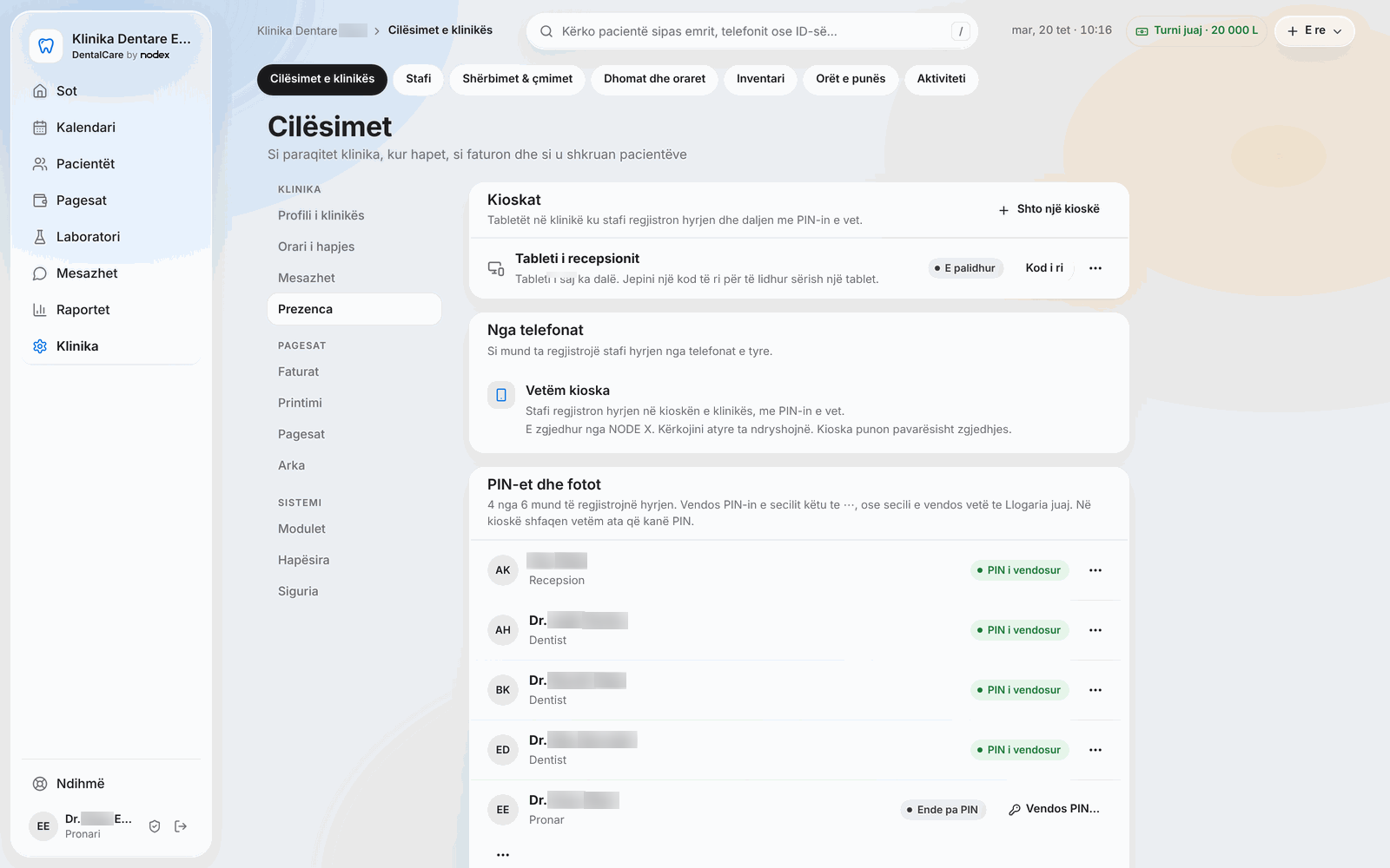 DentalCare – Settings, clock-in