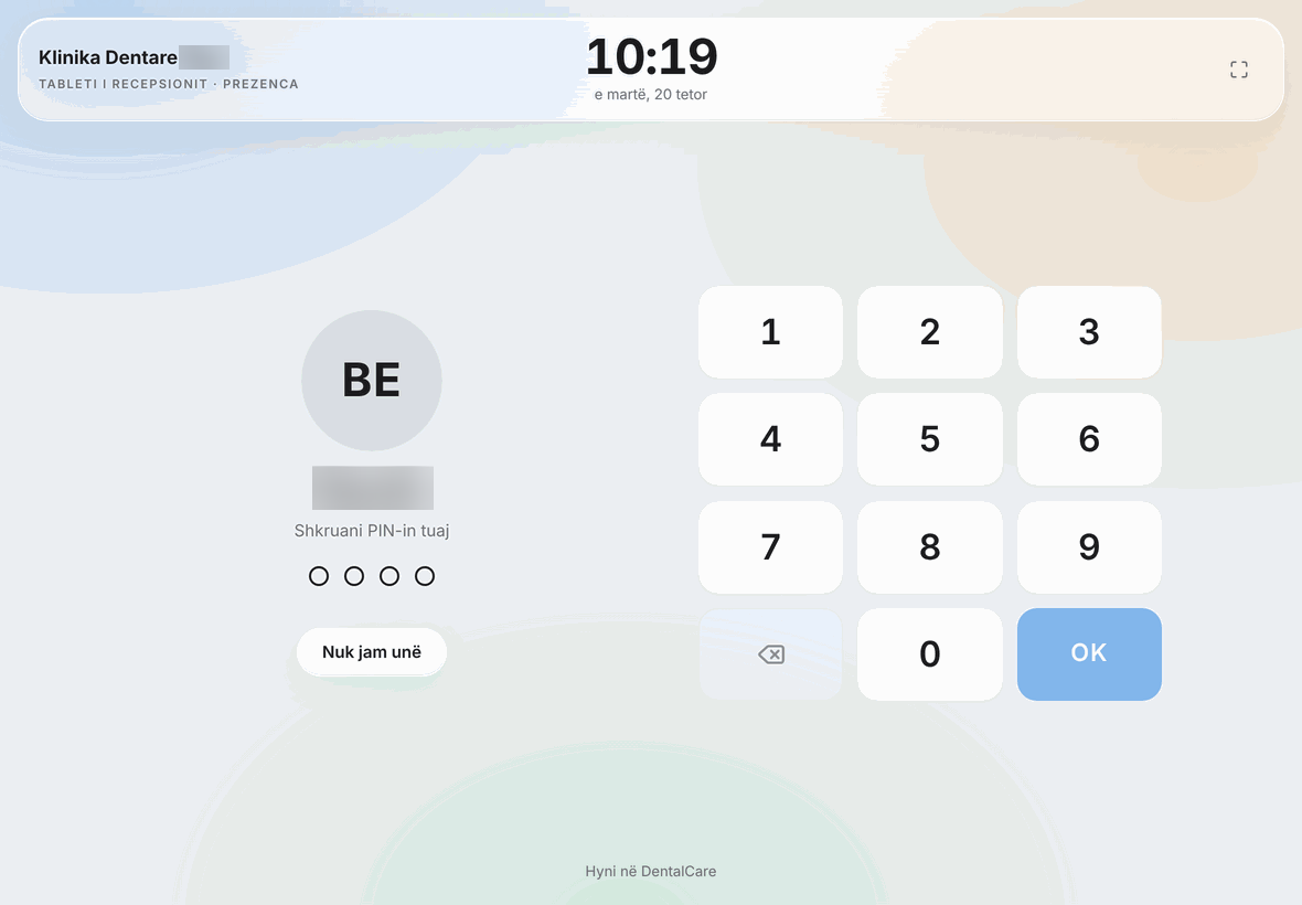 DentalCare – Clock-in kiosk on a tablet, entering a PIN